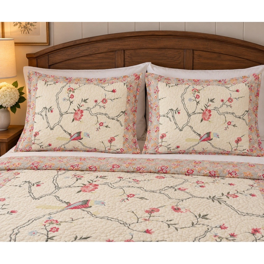 Mary Janes Home Prairie Bloom Pillow Shams Pair 20x26 Quilted Floral Bird